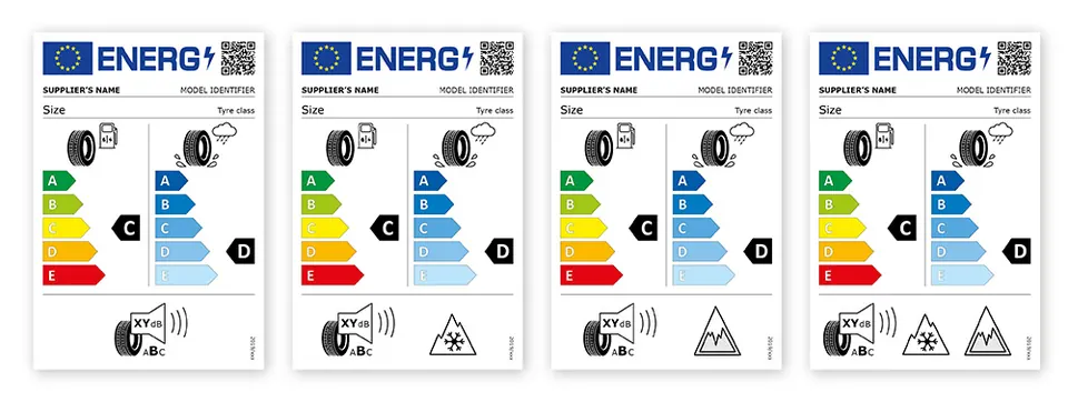 Europos Sąjungos padangų etiketės pavyzdžiai su degalų efektyvumo, sukibimo su šlapia danga ir triukšmo klasėmis